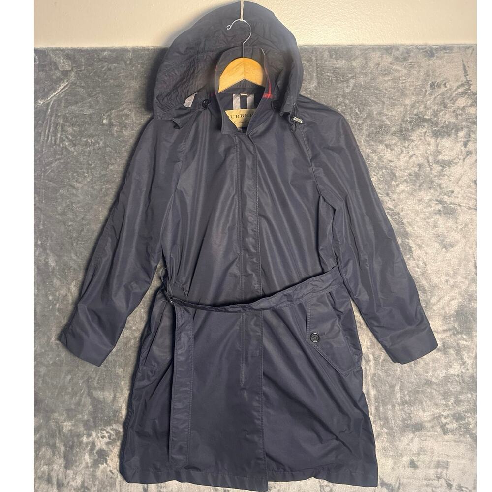 Designer x Burberry London Hooded Nylon Rain Coat Belted Jacket Size 6 Navy